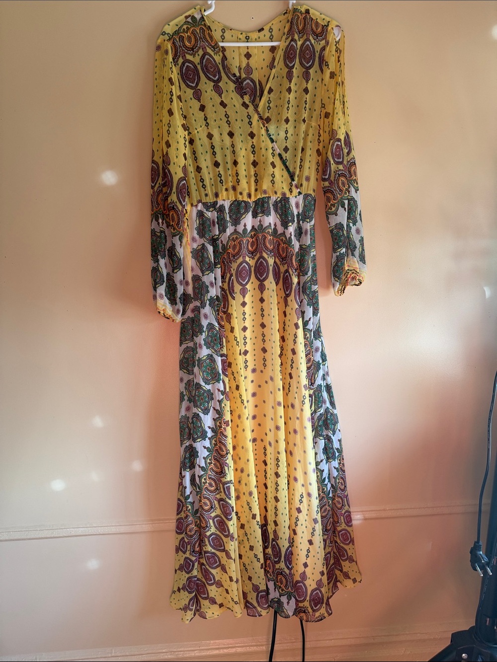 Yellow Paisley Print Long Sleeve Maxi Dress